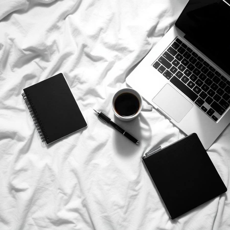 Monochrome desk flatlay with laptop, notebook and coffee
